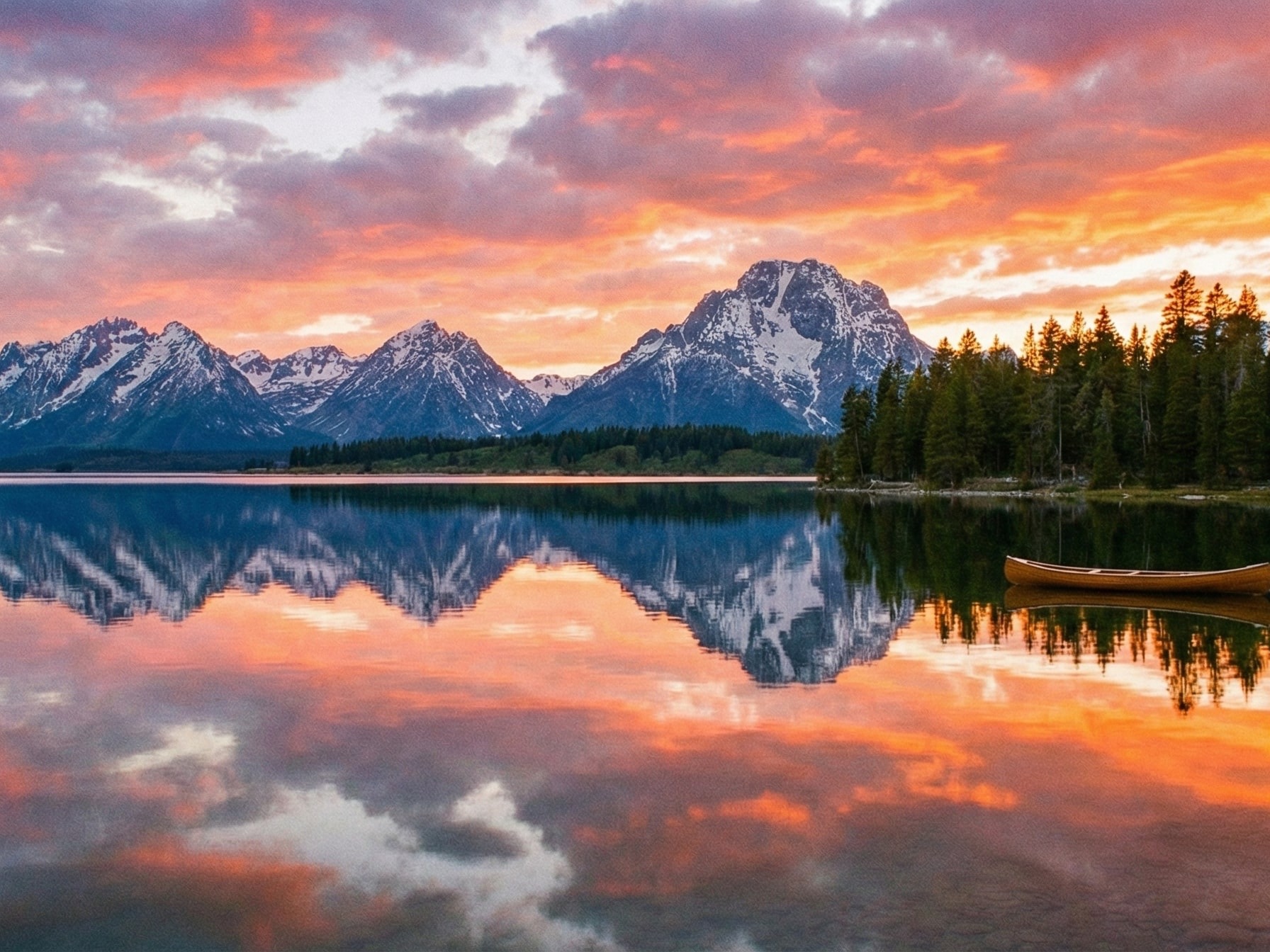 AI-generated serene mountain lake at sunset with snow-capped peaks reflected in crystal clear water