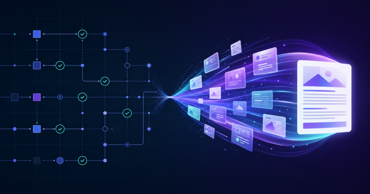 Abstract SEO grid flowing into an AI content workflow pipeline