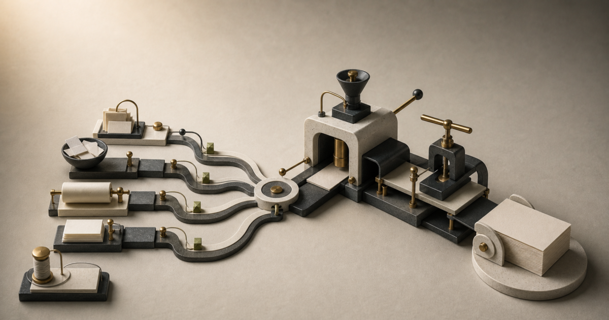 Abstract miniature showing scattered AI content workflows becoming one WordPress publishing process